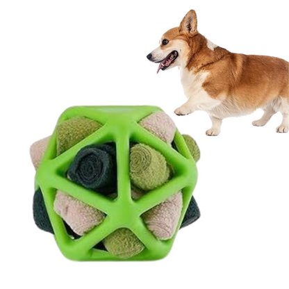 Green dog toy with textured surface next to a corgi on a white background