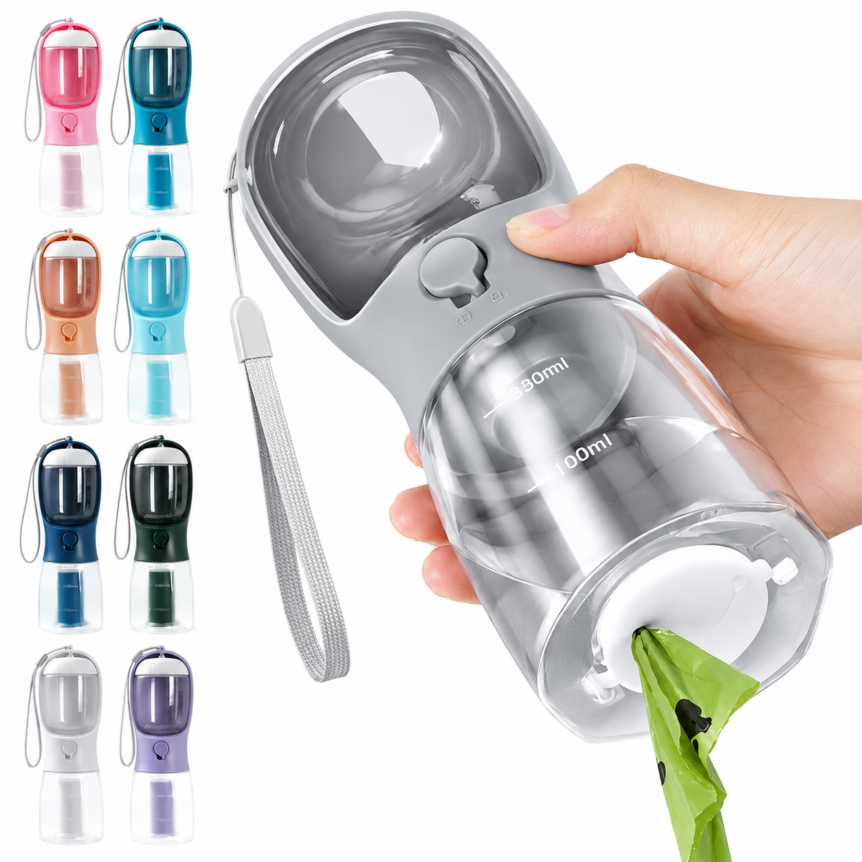 Dog Water Bottle — Filter, Food & Bags with a hand holding it, surrounded by other colors on a white background