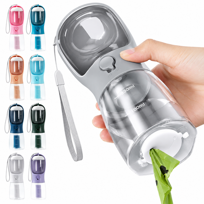 Dog Water Bottle — Filter, Food & Bags with a hand holding it, surrounded by other colors on a white background