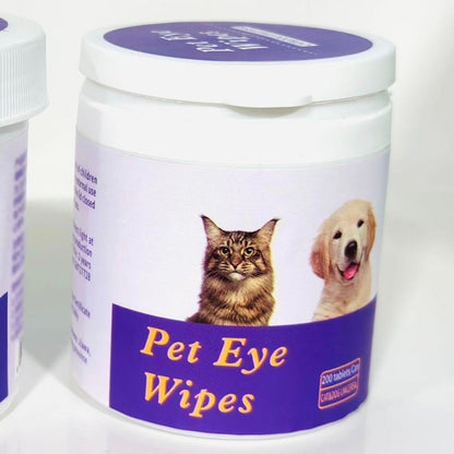 Bottle of dog and cat eye wipes, 200 wipes, designed to clean tear stains and eye discharge.