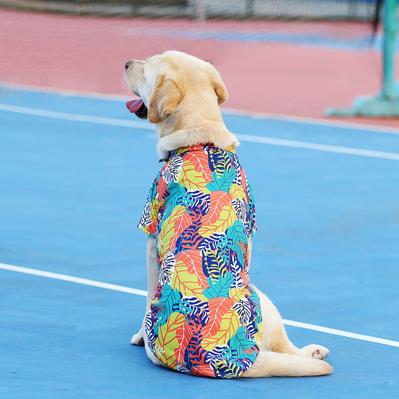 Hawaiian pet shirt for dogs and cats featuring vibrant orange and green leaves print, perfect for summer. Ideal for warm weather outfits. dog whit it