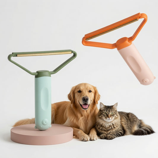 Two double side pet hair removers on a white background with a dog and cat sitting beside them.