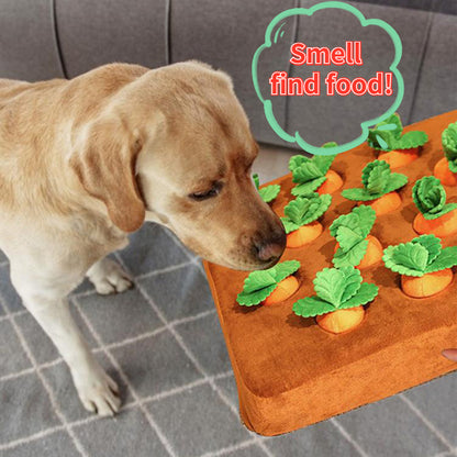 Dog sniffing a board with food items on a tiled floor.