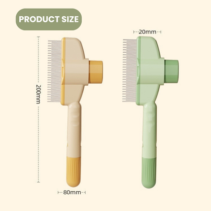 Two pet grooming brushes with measurements on a beige background