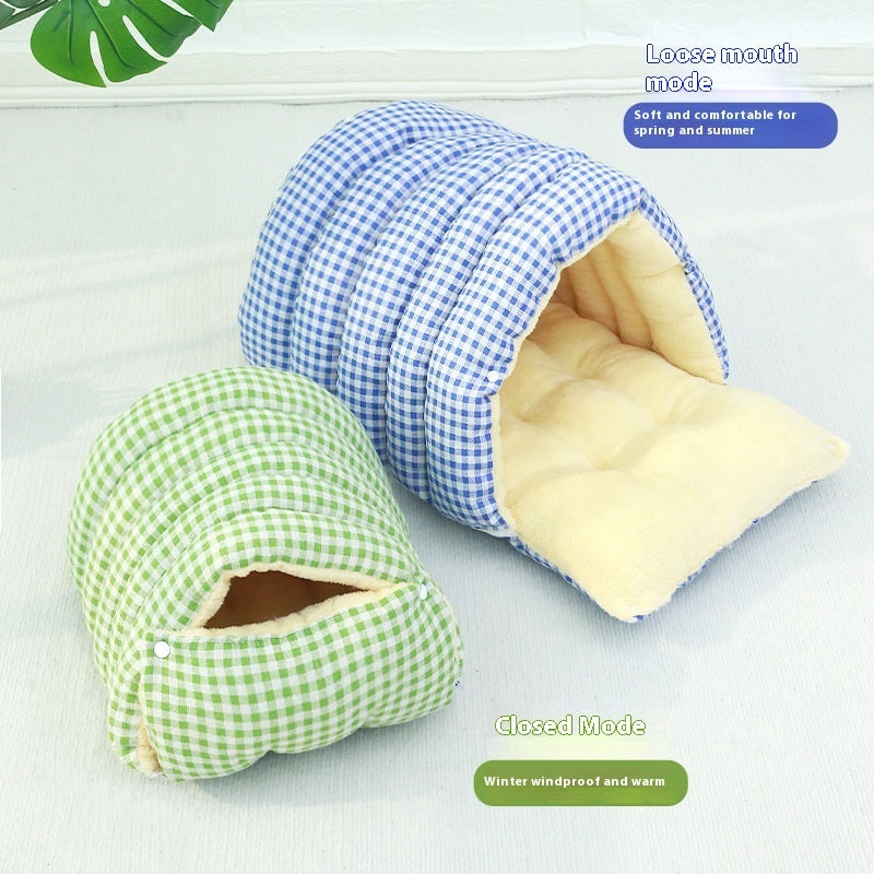 Two Enclosed Pet Bed, one green and one blue with white checkered pattern, on a light gray background.