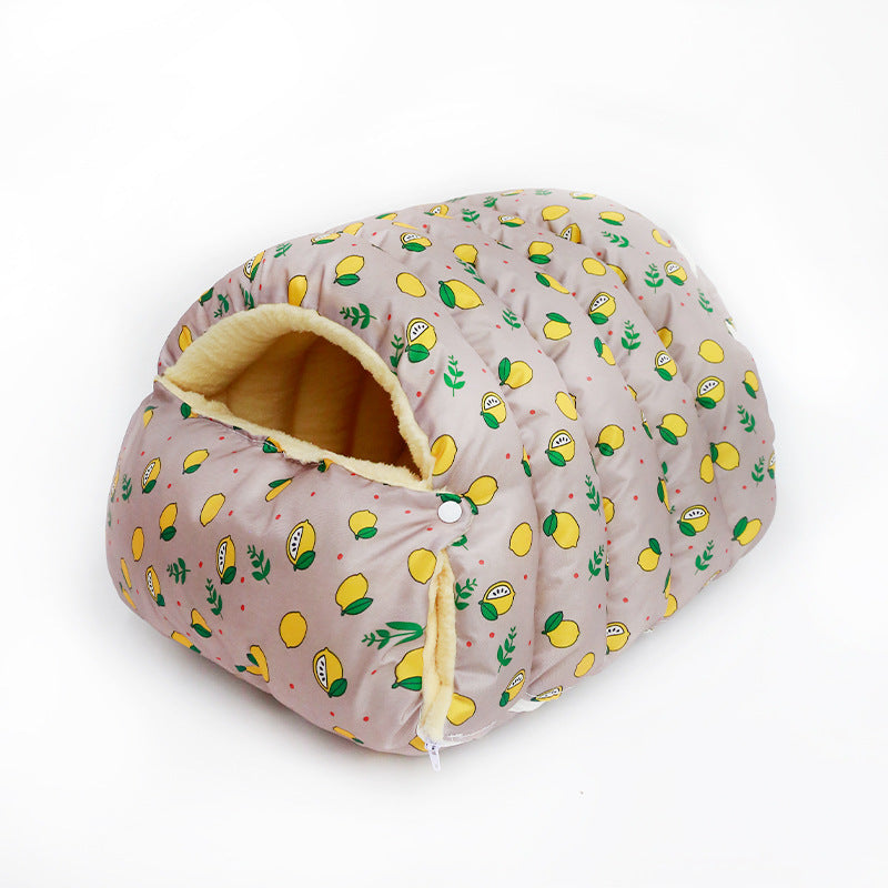 Enclosed Pet Bed with lemon pattern on a white background