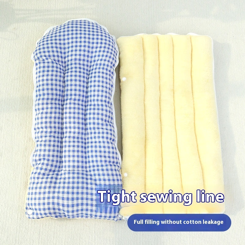 Two Enclosed Pet Bed, one blue and white checkered and the other yellow, on a light background.