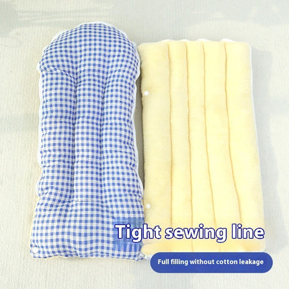 Two Enclosed Pet Bed, one blue and white checkered and the other yellow, on a light background.