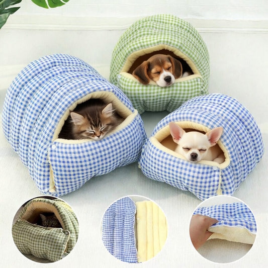 Three enclosed pet beds with cats and a dog inside on a white floor background.