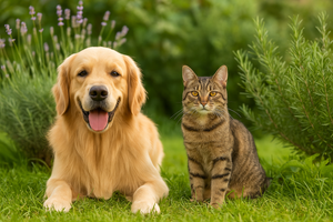 Dog and cat sitting together on grass with plants in the background