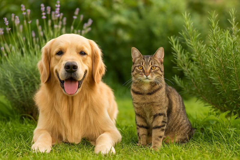 Dog and cat sitting together on grass with plants in the background