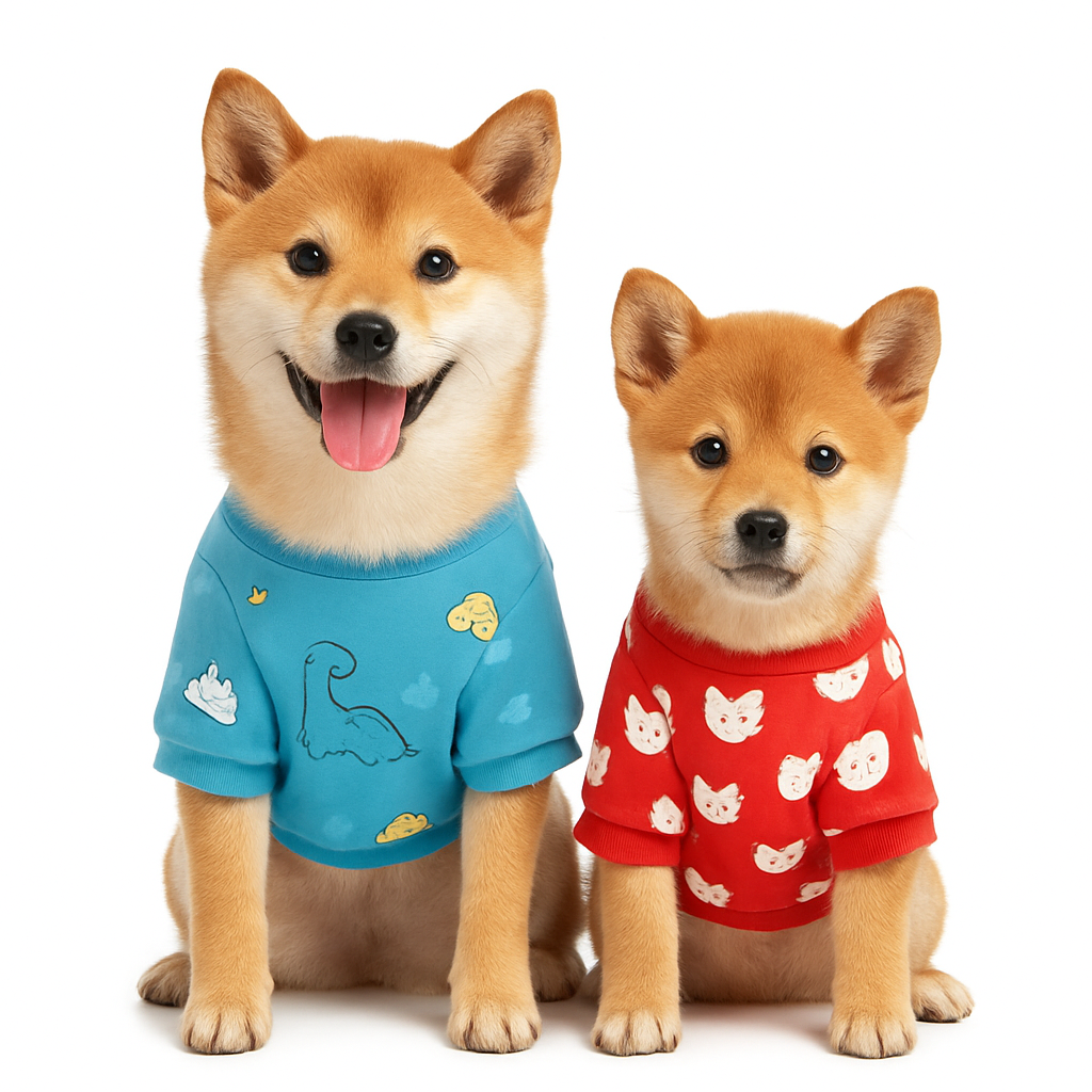 Two Shiba Inu dogs wearing colorful Fashionable Pet Clothes outfits on a white background