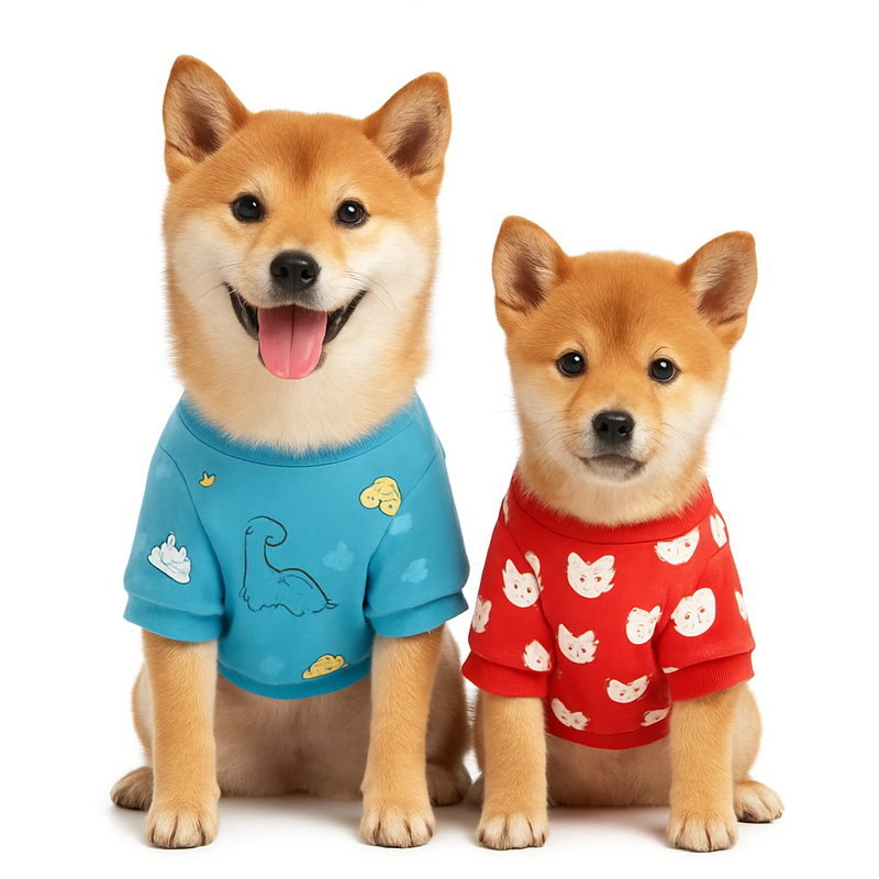 Two Shiba Inu dogs wearing colorful Fashionable Pet Clothes outfits on a white background