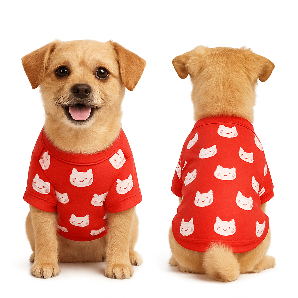 Dog wearing a red Fashionable Pet Clothes with white cat patterns, shown from front and back on a white background.