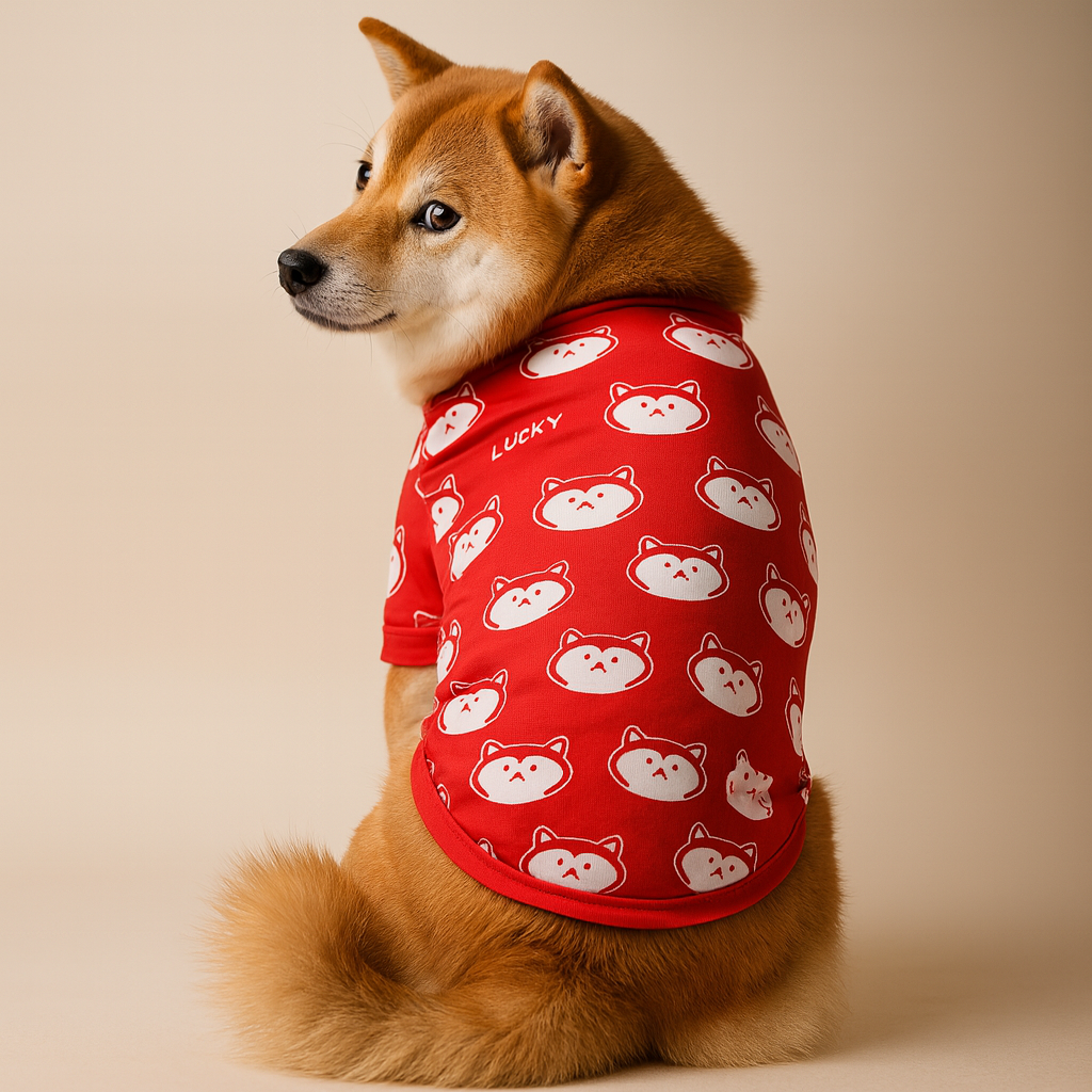 Dog wearing a red Fashionable Pet Clothes shirt with white patterns on a beige background
