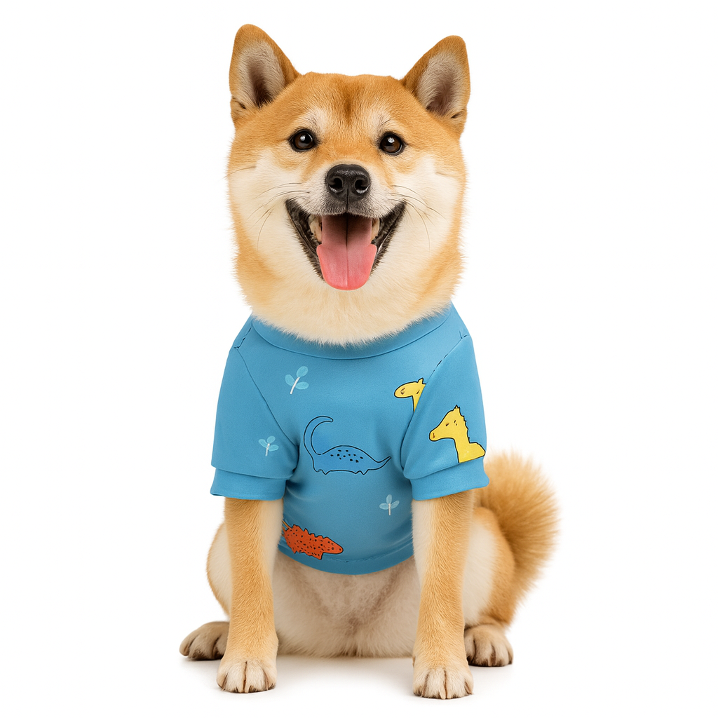 Dog wearing a Fashionable Pet Clothes blue shirt with cartoon designs on a white background