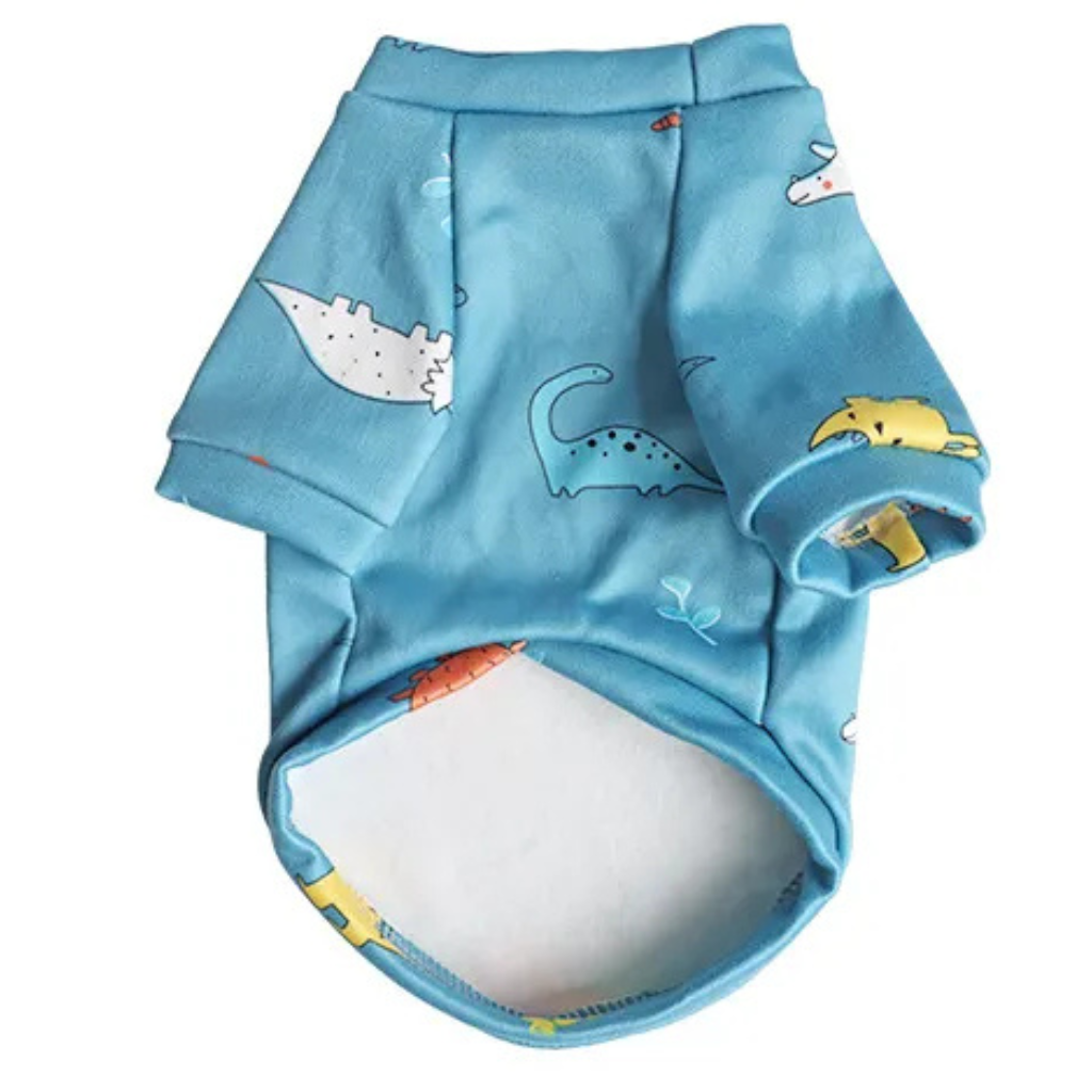 Blue Fashionable Pet Clothes with dinosaur patterns on a white background