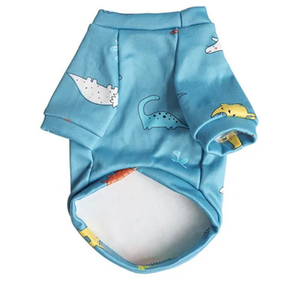 Blue Fashionable Pet Clothes with dinosaur patterns on a white background
