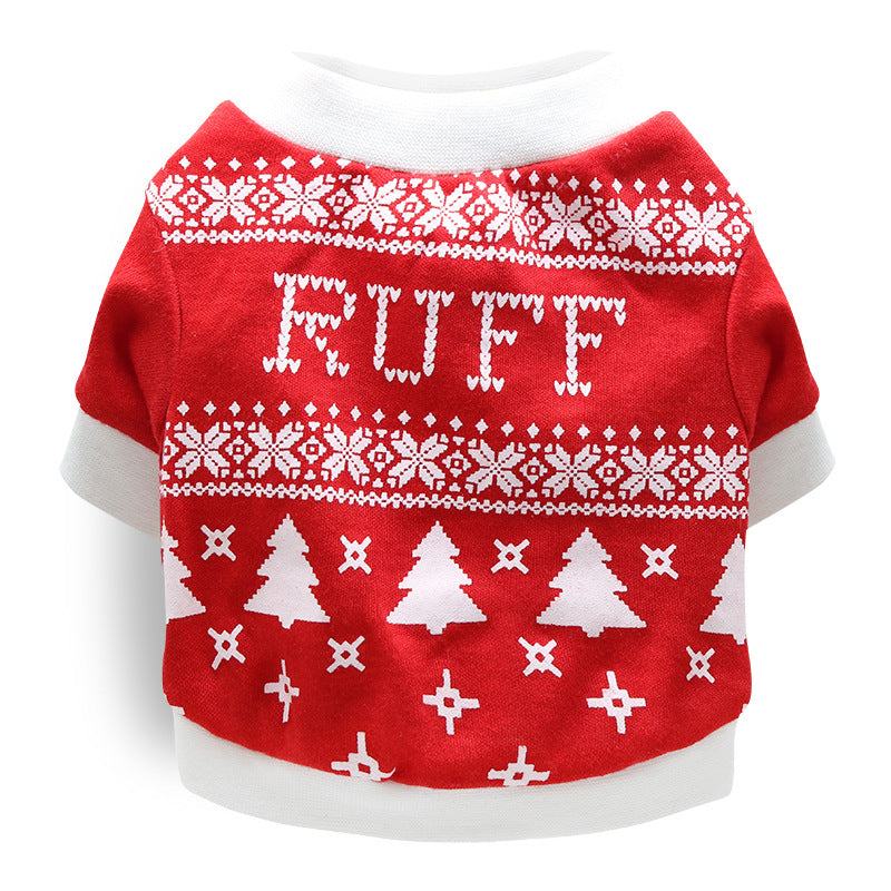 Red dog Festive Pet Christmas Outfit sweater with white patterns and 'RUFF' text on a white background