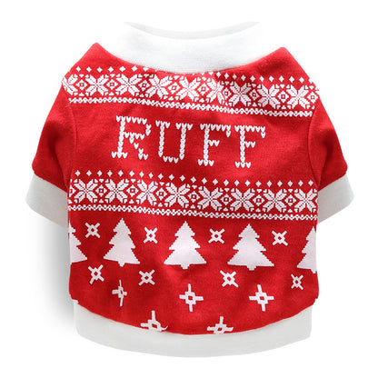 Red dog Festive Pet Christmas Outfit sweater with white patterns and 'RUFF' text on a white background