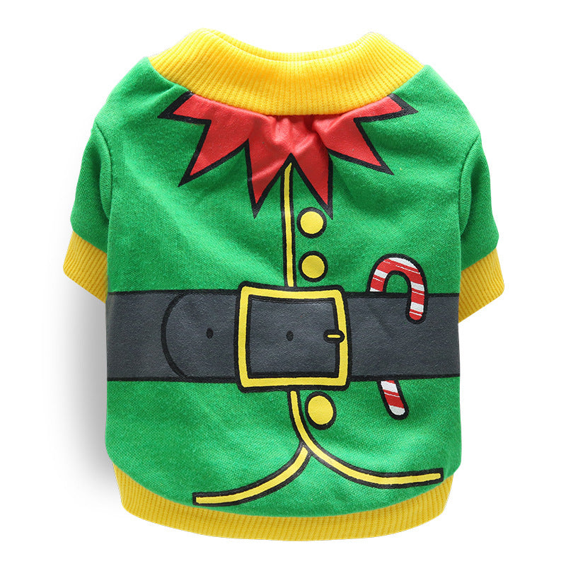 Green dog sweater with festive design on a white Festive Pet Christmas Outfit background