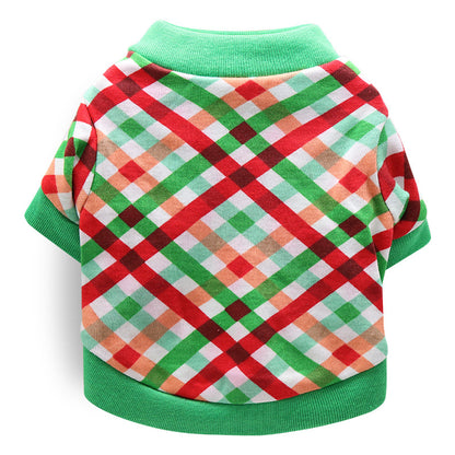 Plaid dog Festive Pet Christmas Outfit sweater with green trim on a white background