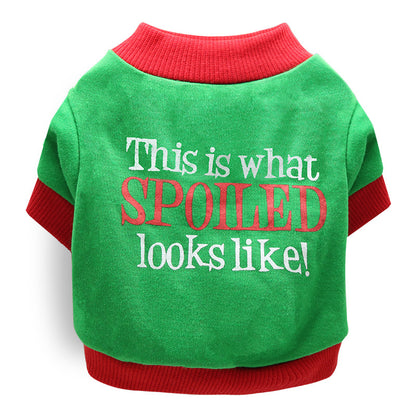 Green pet Festive Pet Christmas Outfit sweater with red trim and humorous text on a white background
