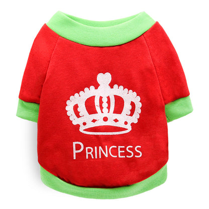 Red pet Festive Pet Christmas Outfit shirt with green trim and a white crown and 'PRINCESS' text on a white background
