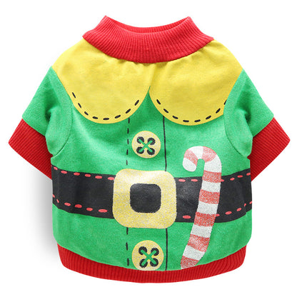Dog sweater Festive Pet Christmas Outfit with elf design on a white background