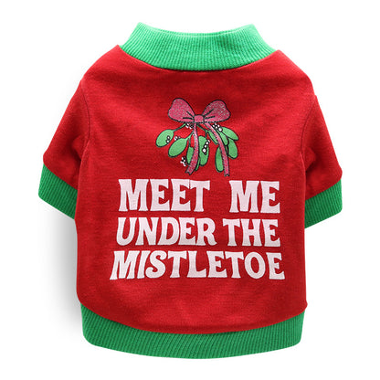 Red dog sweater Festive Pet Christmas Outfit with green trim and mistletoe design on a white background