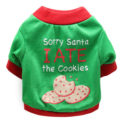 Green pet Festive Pet Christmas Outfit sweater with red collar and text 'Sorry Santa I ATE the Cookies' on a white background