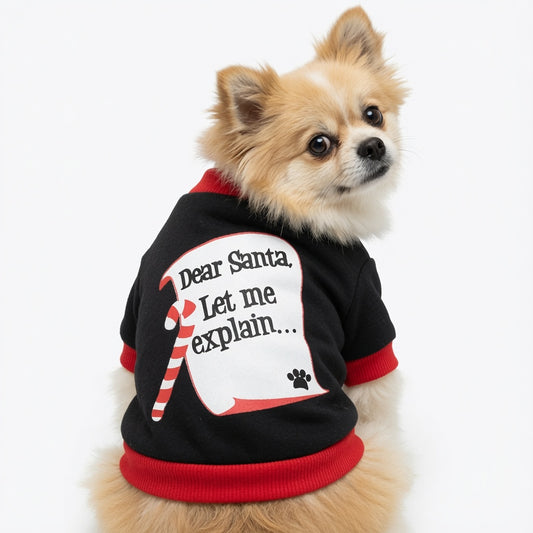 Dog wearing a black Festive Pet Christmas Outfit with red trim and a humorous message on a white background