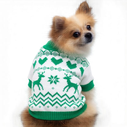 Small dog wearing a green and white Festive Pet Christmas Outfit with reindeer patterns on a white background