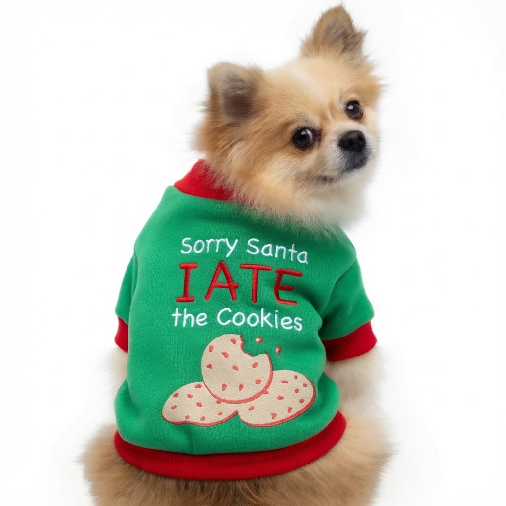 Dog wearing a green and red Festive Pet Christmas Outfit with text and a cookie graphic on a white background
