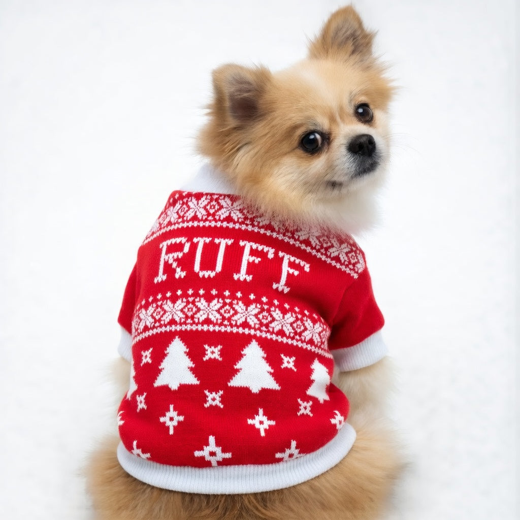 Small dog wearing a red Festive Pet Christmas Outfit with white patterns and 'RUFF' text on a white background