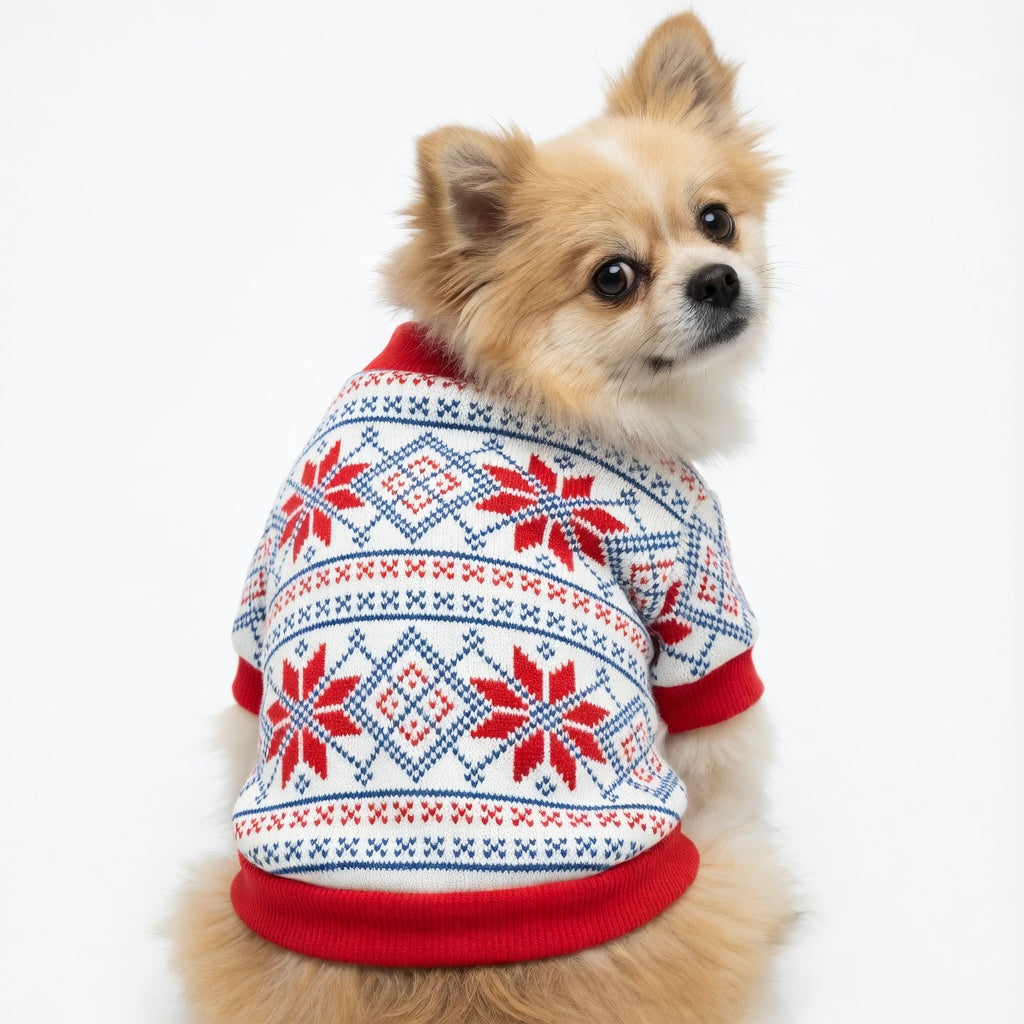 Small dog wearing a red, white, and blue Festive Pet Christmas Outfit on a white background