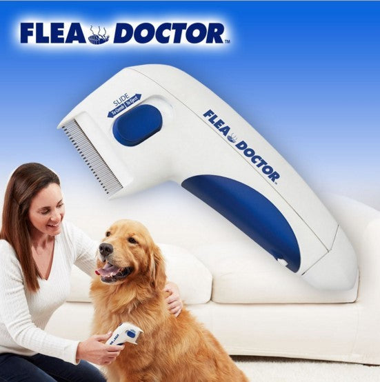 Flea Doctor Electric Flea Comb for cats and dogs, showing the product in use with a comfortable grip
