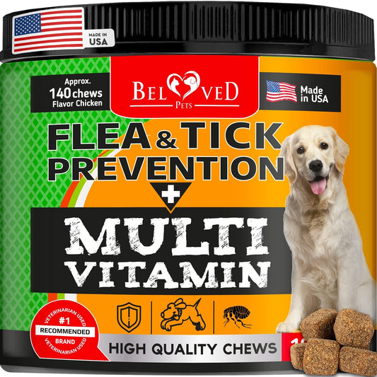Flea and tick prevention chewable pills for dogs, 140 chews in chicken flavor, offering full-body support and protection against pests.