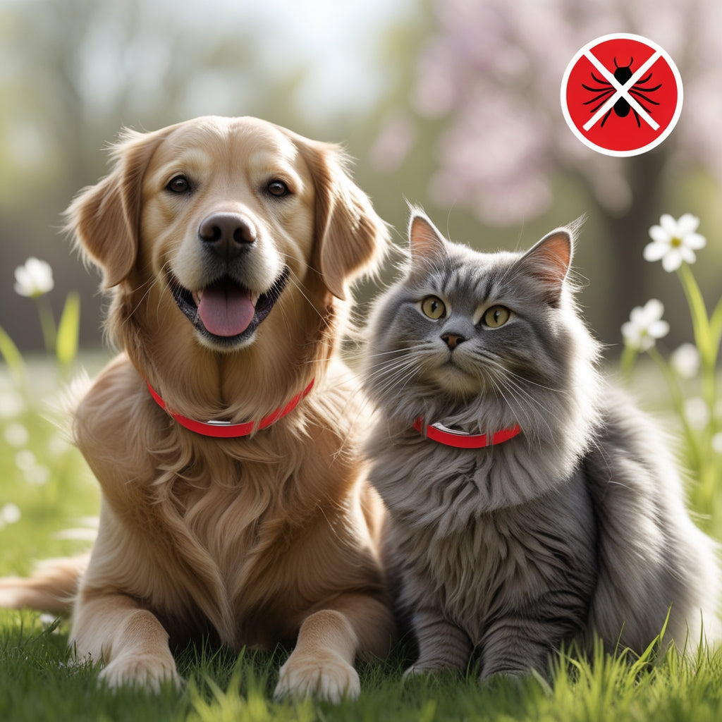 A dog and a cat with flea and tick collars representing flea season 