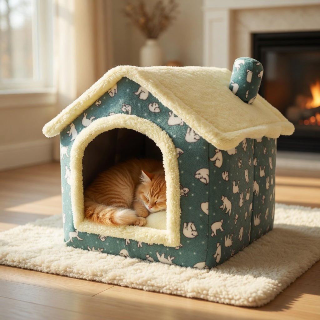 Cat lying inside a patterned Foldable Pet House on a wooden floor with a fireplace in the background