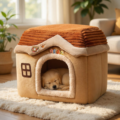 Foldable Pet House with a dog inside on a soft surface, surrounded by plants and furniture.
