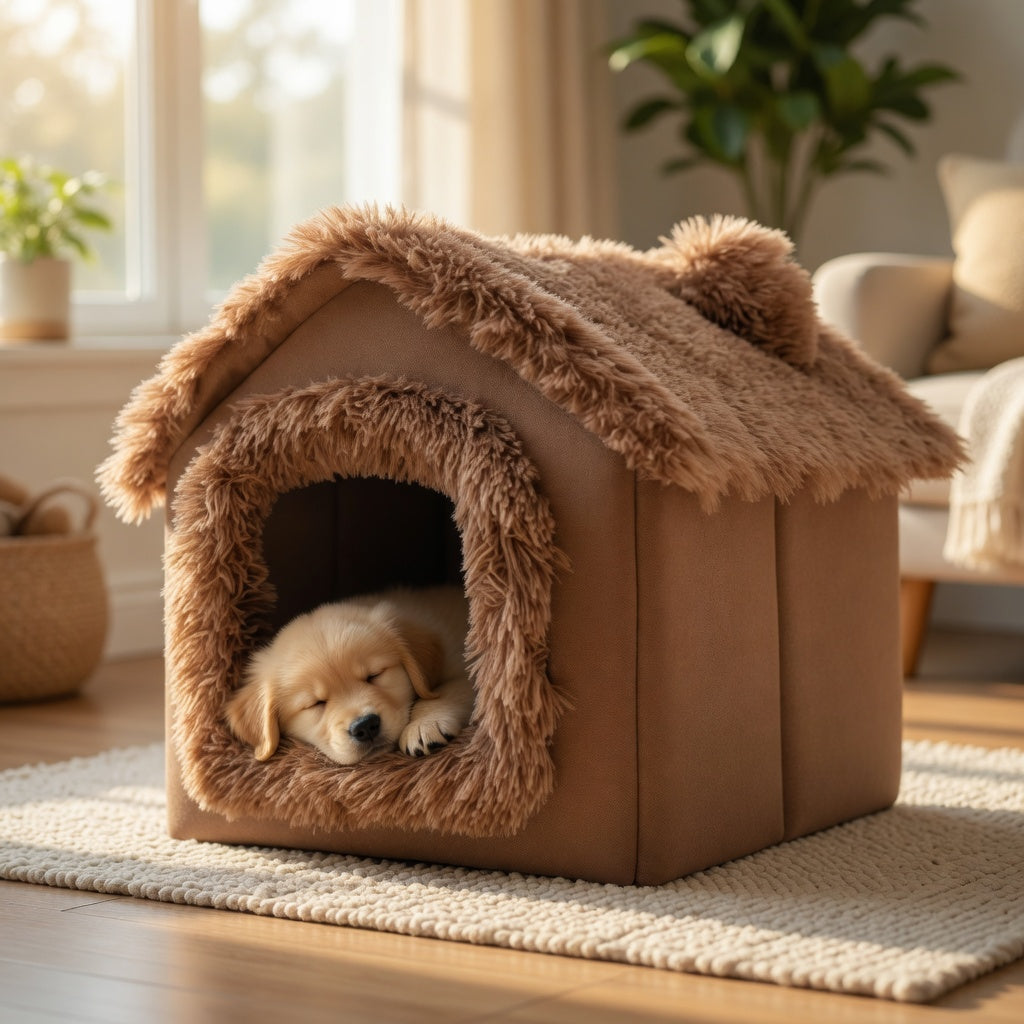 Dog lying in a fluffy brown Foldable Pet House in a cozy living room.