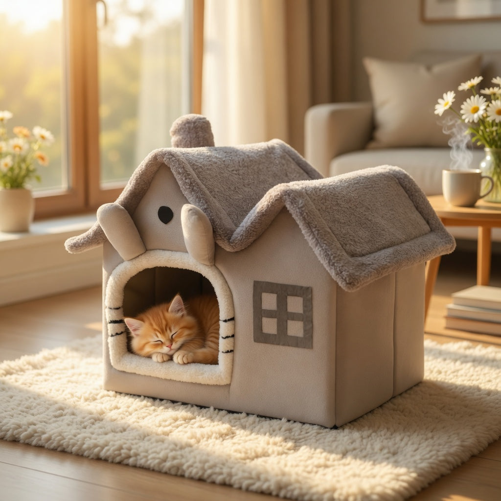 Cat lying in a cozy Foldable Pet House in a bright living room.