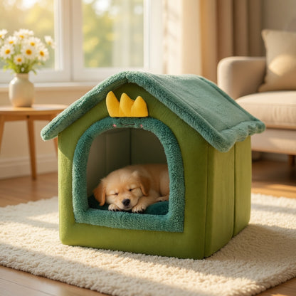 Green Foldable Pet House with a yellow crown on top, containing a sleeping puppy in a cozy living room.