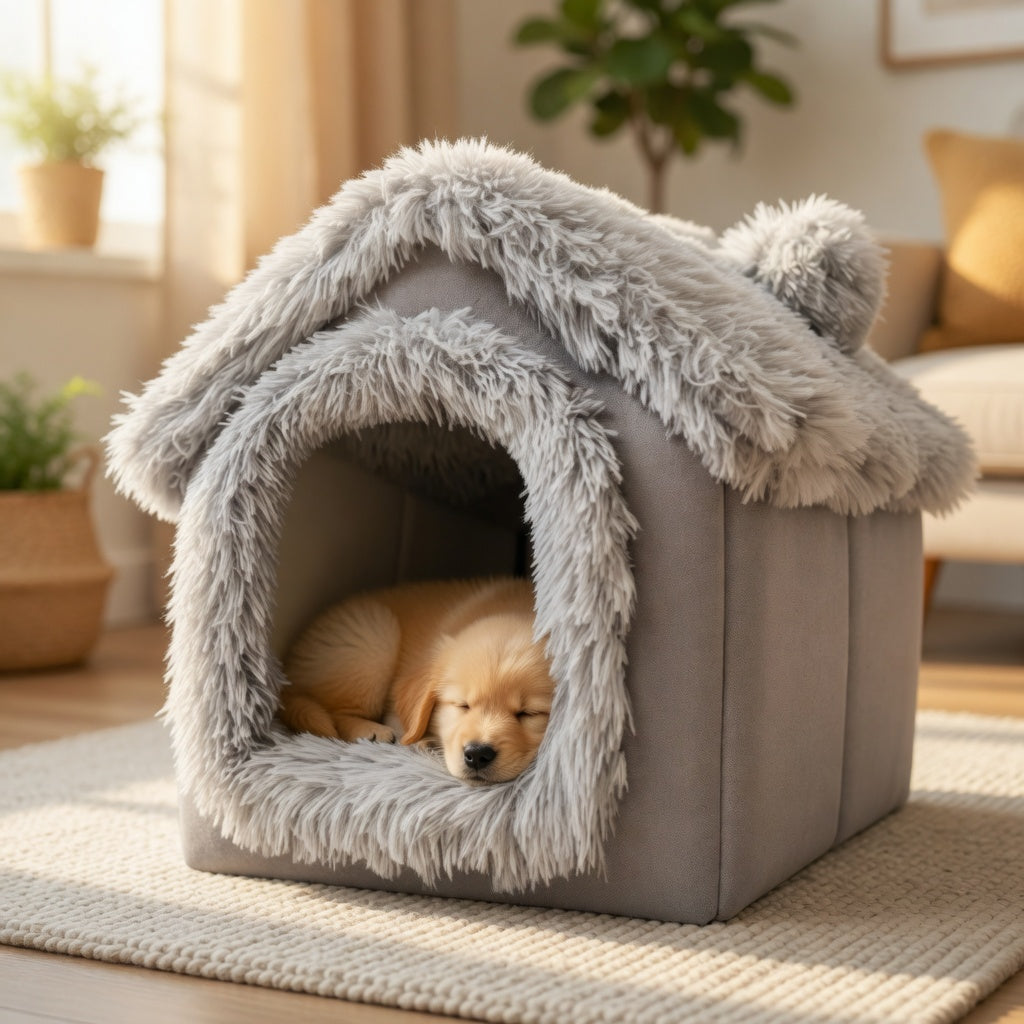 Dog resting in a cozy gray Foldable Pet House with fluffy texture in a home setting.