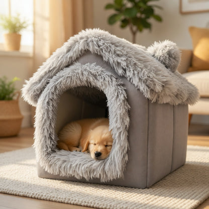Dog resting in a cozy gray Foldable Pet House with fluffy texture in a home setting.