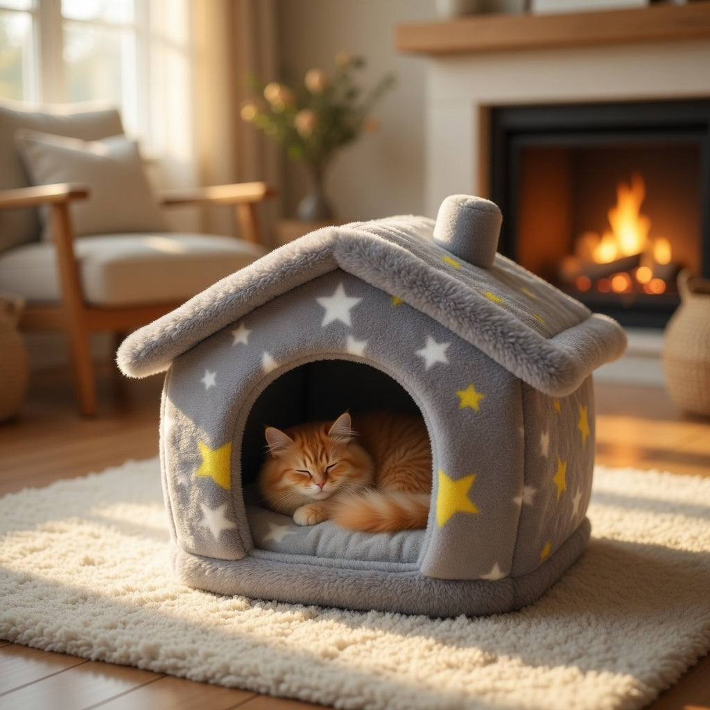 Cat lying in a star-patterned Foldable Pet House in a cozy living room with a fireplace.