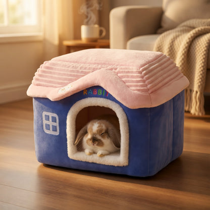 Blue Foldable Pet House with pink roof featuring a rabbit inside, on a wooden floor.