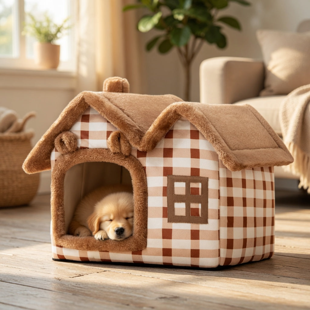 Dog lying in a checkered Foldable Pet House on a wooden floor with plants and furniture in the background