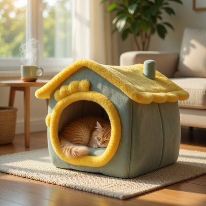 Cat lying inside a cozy Foldable Pet House in a bright living room.